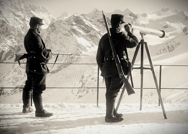 Swiss riflemen in the high Alps
